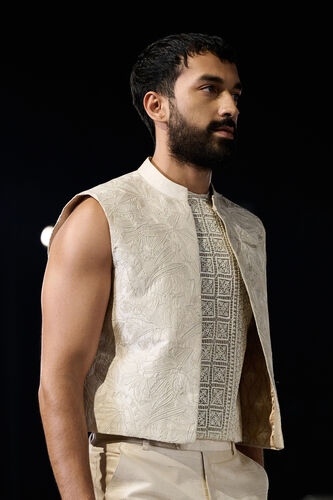 Fintan Embroidered Cord Silk Jacket Set - Ivory, Ivory, image 3